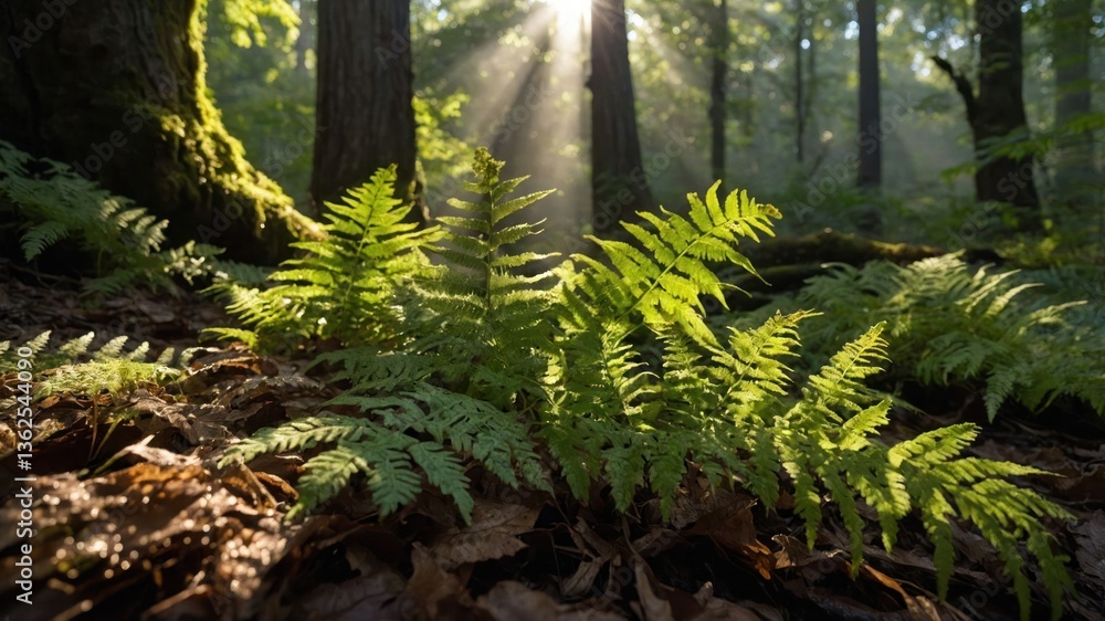 Aufkleber a serene forest scene with ferns illuminated by sunlight filtering through trees.