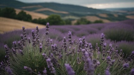 Fototapeta premium A scenic view of lavender fields under a cloudy sky, showcasing nature's beauty.