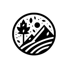 A stylized, circular black and white landscape logo featuring a stylized tree, mountains, fields and sun, surrounded by dots and leaves.