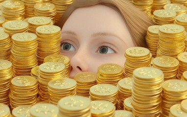 Young Person Surrounded by Golden Coins and Wealth