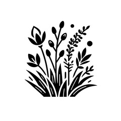 Elegant Black and White Botanical Silhouette, Featuring a Flower, Foliage, and Textured Plant Elements with a Minimalist Design on a Clean White Background.