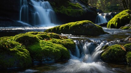 Fototapeta premium A serene waterfall scene with moss-covered rocks and flowing water in a lush forest.