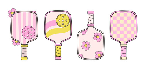 Set of four retro-style pickleball paddles with unique pastel designs, in pink and yellow tones on a white background