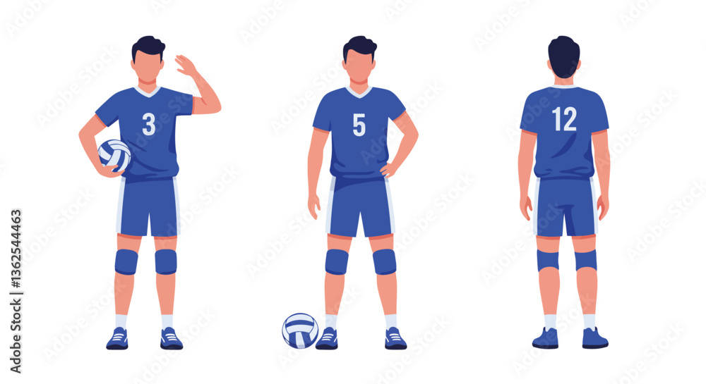 Poster three different poses of a volleyball player in flat vector art style