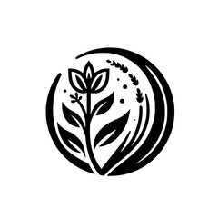 Elegant Monochrome Floral Emblem: A stylized, symmetrical design of a flower with leaves and surrounding elements within a circular frame, creating a sophisticated, natural logo.