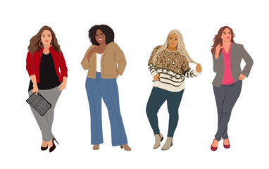 Obraz premium Set of Beautiful curvy girls in smart casual office outfits. Pretty women wearing trendy modern clothes standing full length. High quality hand drawn vector realistic illustrations isolated 