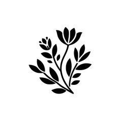 Intricate Black Floral Silhouette with Buds and Leaves, Set Against a Pristine White Background.