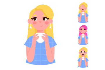 Cute woman with a cup of coffee or tea portrait avatar. Character with different emotions 