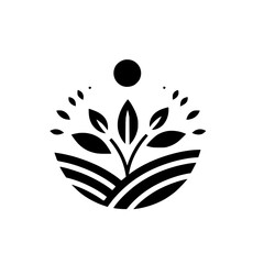 A stylized black and white logo featuring a plant-like structure with leaves and a sun-like element within a circular composition, evoking nature.