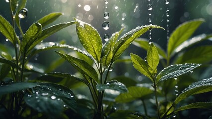 Fototapeta premium Lush green leaves glistening with raindrops, capturing the essence of nature's beauty.