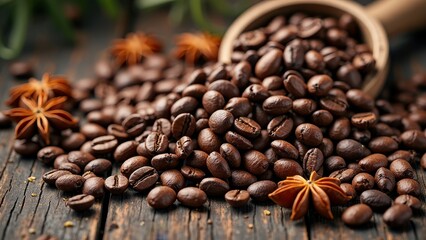 Coffee beans and star anise on rustic wooden table