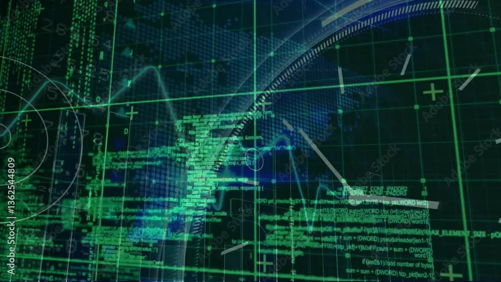 Poster animation of digital data and coding patterns on futuristic grid background
