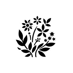 Abstract Black and White Floral Composition with Stylized Leaves, Flowers, and Star-Shaped Elements, Creating a Minimalist Botanical Design on White Background.