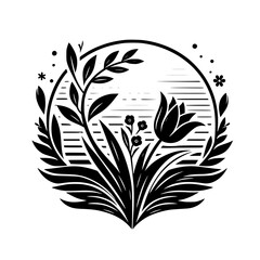 A symmetrical black and white botanical illustration, showcasing a stylized tulip and foliage within a circular frame, accented by delicate floral elements.