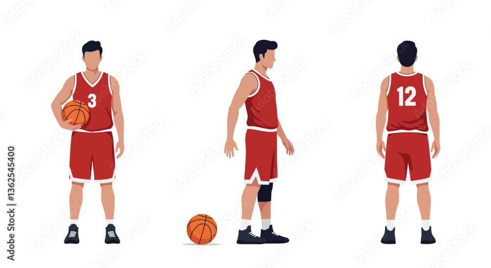 Poster basketball player in red uniform transitioning between poses in flat vector illustration
