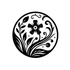 Ornate Black and White Circular Floral Design Featuring a Detailed Flower, Leaves, and Swirls on a White Background.