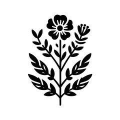 A Minimalist Floral Illustration: Black and White Silhouette Depicting a Central Flower Blossom, and Accompanying Leaves, Set Against a Clean White Background.