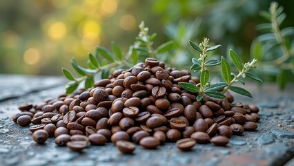 Fototapeta premium Pile of fresh coffee beans with leaves outdoors in natural light
