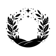 Elegant black and white circular design featuring stylized leafy branches, rolling hills with pine trees, and starry elements, perfect for a logo.