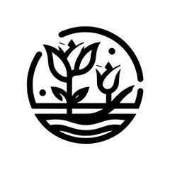 Monochromatic, stylized illustration of two flowers within a circular frame, conveying nature and growth.