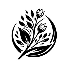 Elegant Black and White Floral Emblem: a stylized depiction of a botanical sprig cradled by a crescent, evoking organic harmony and refined simplicity.