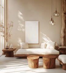 Minimalist living room with wooden furniture, neutral tones, and a blank canvas.