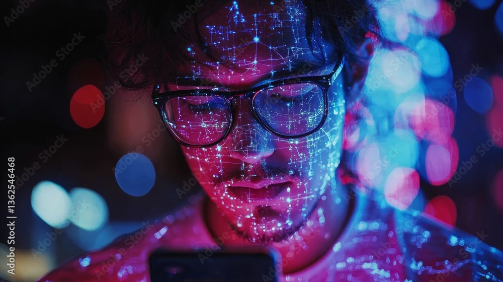 Aufkleber with a face lit up in astonishing hues, a young man engages with his smartphone, surrounded by a cap