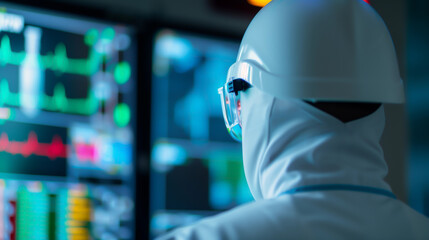 Scientist in protective gear monitoring data on digital screens
