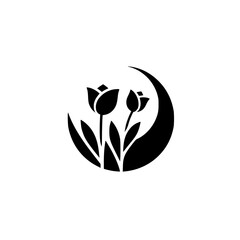 A stylized monochrome graphic featuring two tulip silhouettes within a crescent shape, evoking natural elegance and simplicity against a white background.