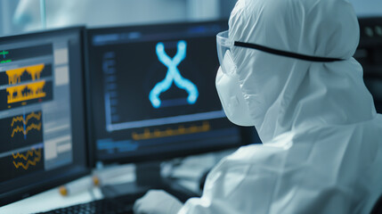 Scientist in protective suit analyzing DNA structure on monitor
