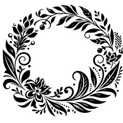An intricate black and white floral wreath design, featuring stylized leaves, flowers, and decorative curls, creating a circular ornamental frame.