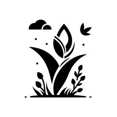 Stylized Botanical Illustration: A Minimalist Black and White Composition of a Flower Bud, Leaves, and Grass with Accompanying Clouds.