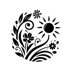 Black and white floral design, incorporating a stylized sun, flowers, leaves and decorative swirls, arranged in a circular composition against a clean white background.