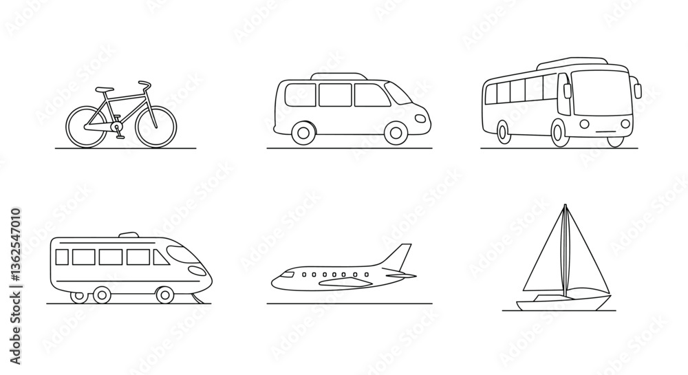 Poster simple line drawings of various modes of transportation. white background