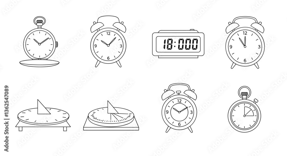 Poster a collection of time-telling devices. white background