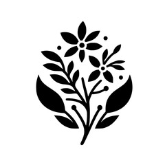 Black and white minimalist floral illustration featuring stylized flowers, leaves, and berries, showcasing a symmetrical and balanced design on a clean white background.