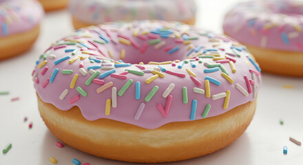 Close Up Of A Pink Glazed Donut With Colorful Sprinkles