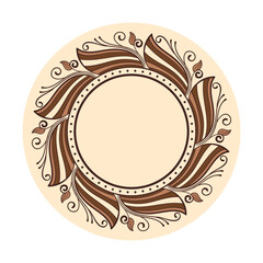 Circular decorative frame with stylized petals, swirls, and flame-like patterns in brown and beige tones, isolated on a white background.