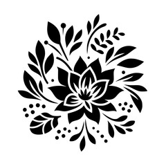 Fototapeta premium A symmetrical black and white floral design featuring a central flower surrounded by stylized leaves, sprigs, and berries, creating an elegant, graphic motif on a white backdrop.