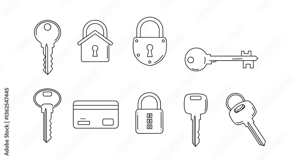 Poster a set of simple line art keys and locks. white background