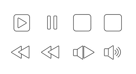 Simple media player icons set.  Play, pause, rewind, fast forward, and volume controls. white background                          