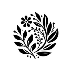 A symmetrical, elegant black and white floral arrangement, comprised of leaves, berries, and a stylized flower, on a white background.