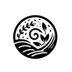 A stylized black and white illustration within a circle, showcasing natural elements like leaves, a spiral, and undulating lines suggesting landscape.