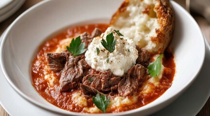 Naklejka premium Hearty Braised Beef Ragu with Ricotta Cheese and Crusty Bread in White Bowl