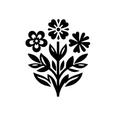 Intricate black and white floral bouquet illustration featuring three distinct stylized flowers and lush foliage, set against a clean white background.