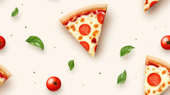 Delicious pizza slices with pepperoni, tomatoes, and basil leaves create vibrant culinary pattern