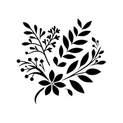 Elegant Botanical Silhouette: A Black and White Floral Arrangement Featuring Leaves, Berries, and a Central Flower on a Clean White Background.