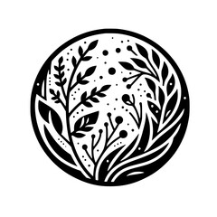 Monochromatic Botanical Silhouette Composition: Detailed Black-and-White Floral Arrangement Enclosed Within a Circular Frame, Featuring Intricate Leaves, Berries and Dots.