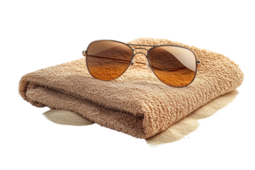 Sun-kissed aviator sunglasses resting on a plush beige beach towel, ready for a day of sun and sand, evoking a sense of relaxation and summer vacation.