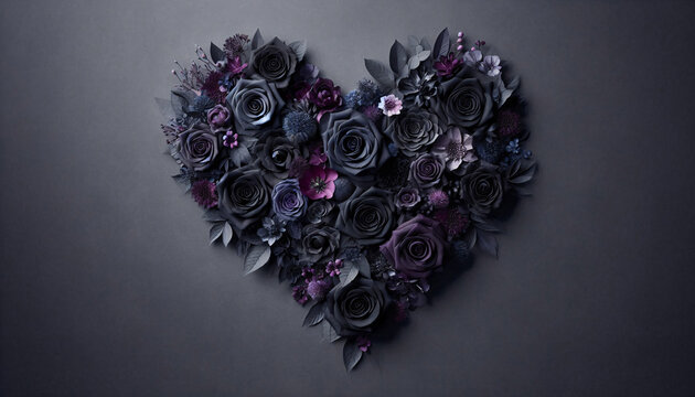Design a heart shape made of black roses and dark purple flowers, featuring a dramatic and mysterious flair with a touch of gothic elegance
